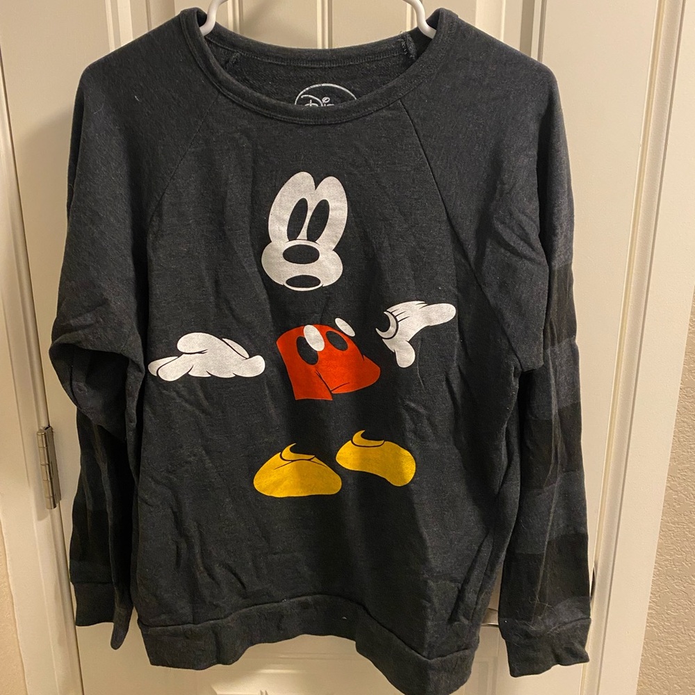 Disney Sweatshirt Mickey Mouse M Gray Scared Medium Pullover Striped Sleeves Med